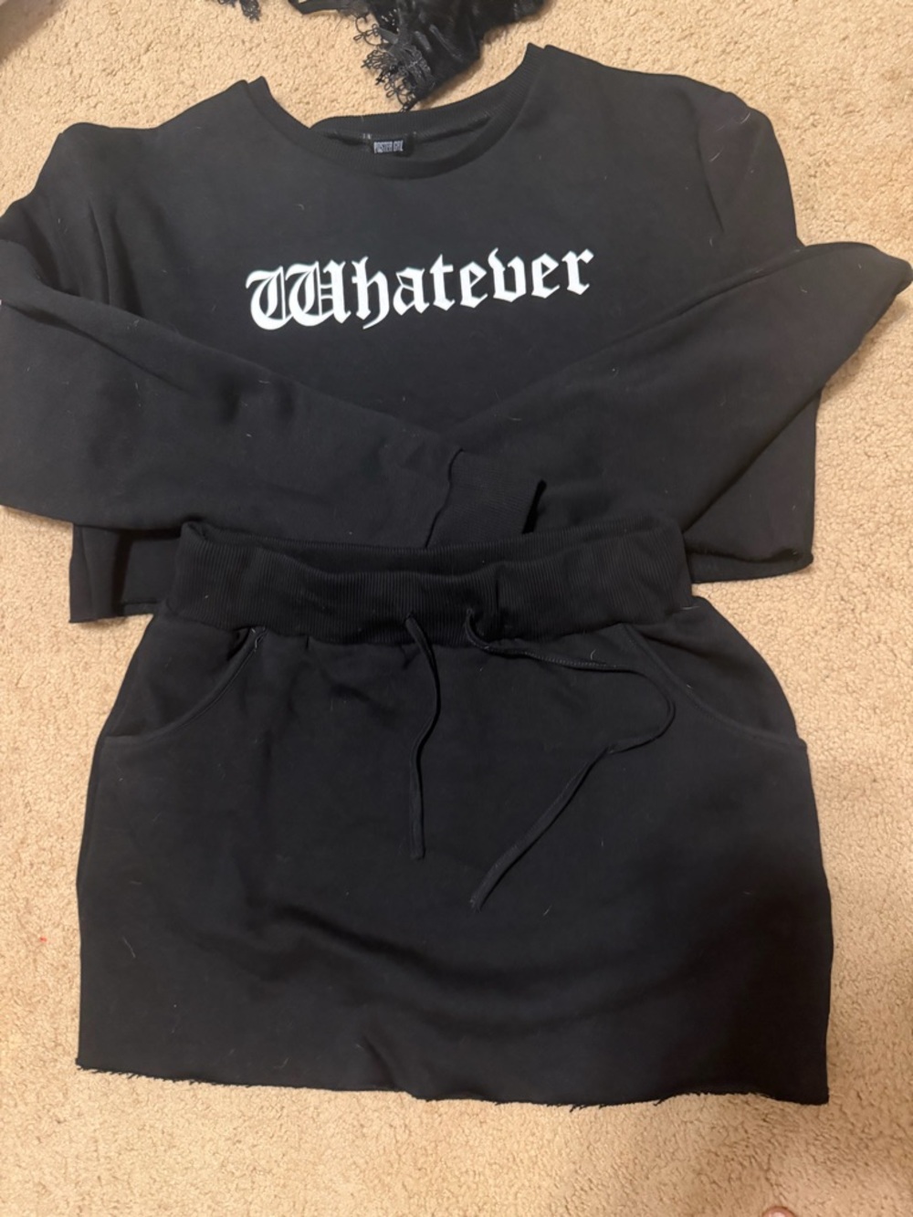 Black 'Whatever' Cropped Sweatshirt & Skirt Set